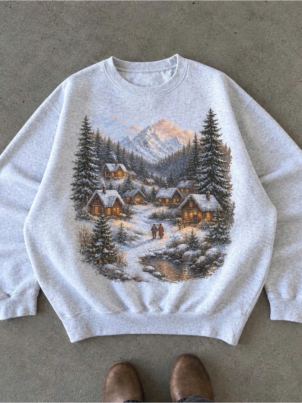 Grey Winter Cabin Graphic Crewneck Sweater - Men